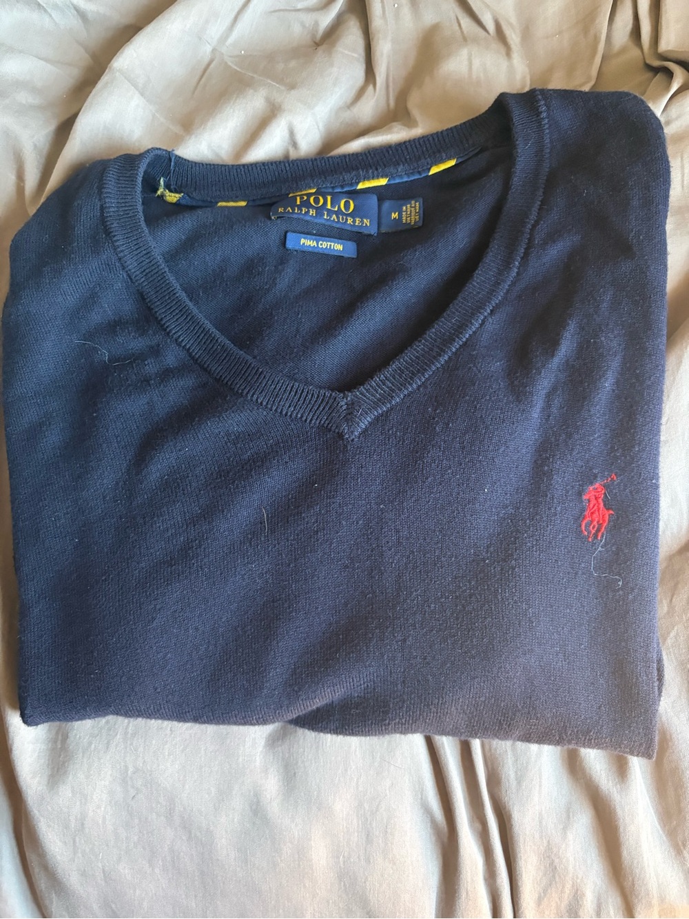Polo by Ralph Lauren Navy V-Neck Pima Cotton Sweater with Red logo
